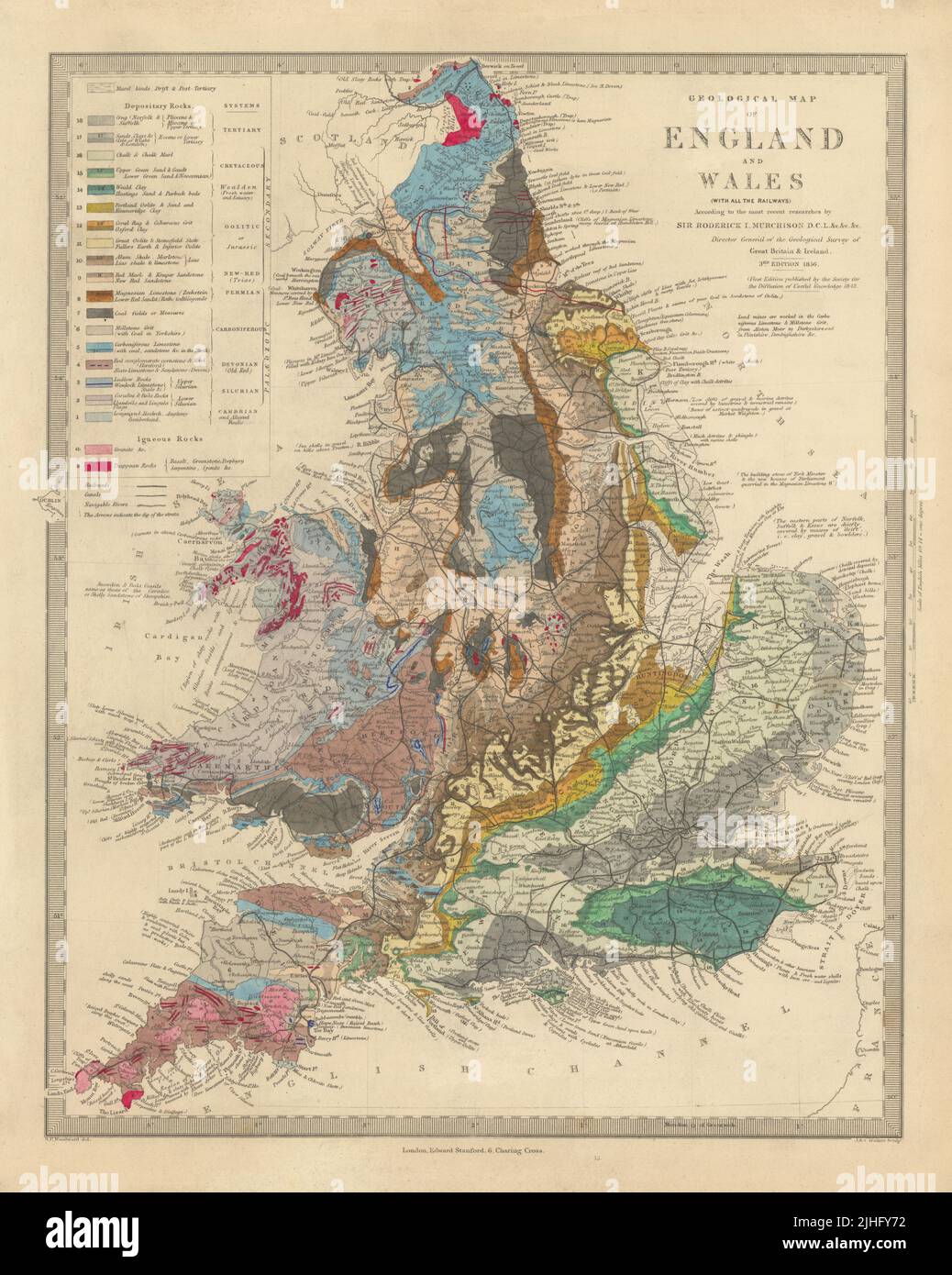 ANGLETERRE ET PAYS DE GALLES. Carte géologique.couleur de la main originale.roches dépositaires.SDUK 1856 Banque D'Images
