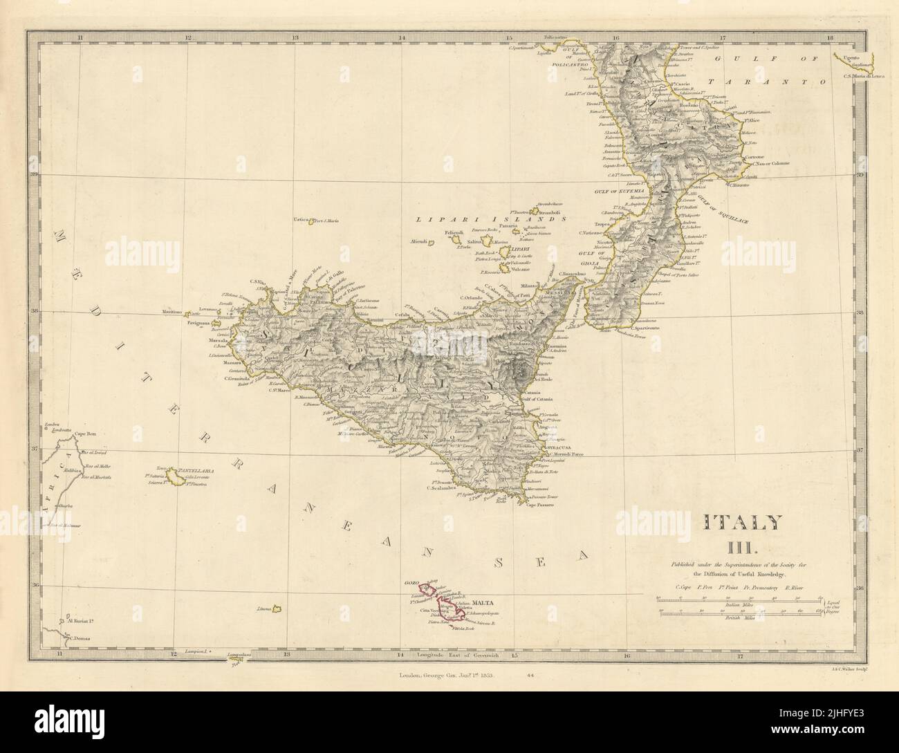SICILE ET CALABRE. Sicile Malte Gozo. Couleur du contour d'origine. Carte SDUK 1853 Banque D'Images