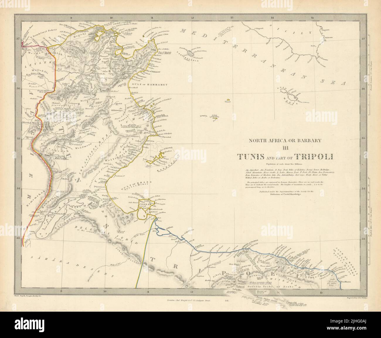 AFRIQUE DU NORD OU BARBARY III Tunis et une partie de Tripoli Tunisie Libye SDUK 1851 carte Banque D'Images