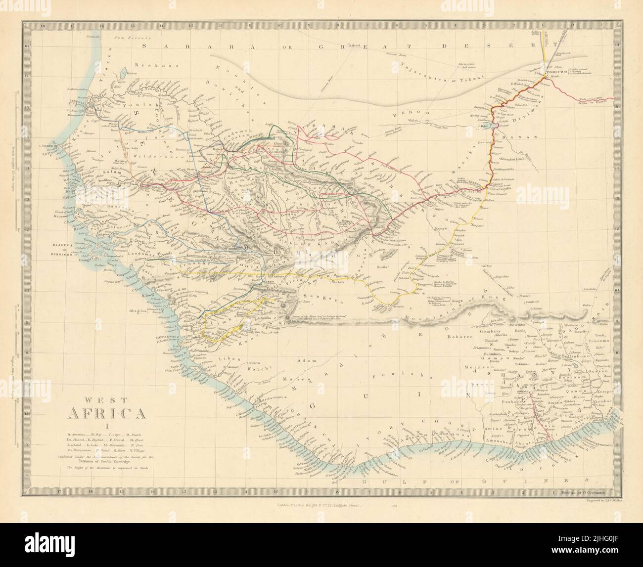 AFRIQUE DE L'OUEST I routes explorateurs Sénégal Ashanti Côte d'Or d'Ivoire. Carte SDUK 1851 Banque D'Images