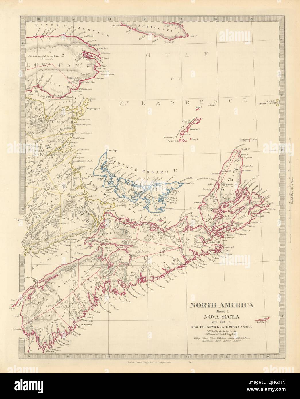NOUVELLE-ÉCOSSE et Nouveau-Brunswick Québec Île-du-Prince-Édouard. Canada. Carte SDUK 1851 Banque D'Images
