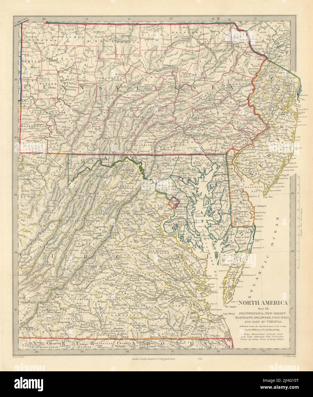 ÉTATS-UNIS. Pennsylvanie New Jersey Maryland Delaware DC Virginie. Carte SDUK 1851 ancienne Banque D'Images