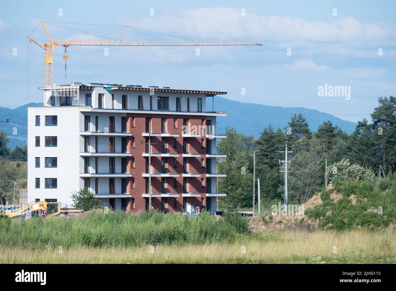 Construction de maisons résidentielles. Construction basse. Grue sur le chantier Banque D'Images