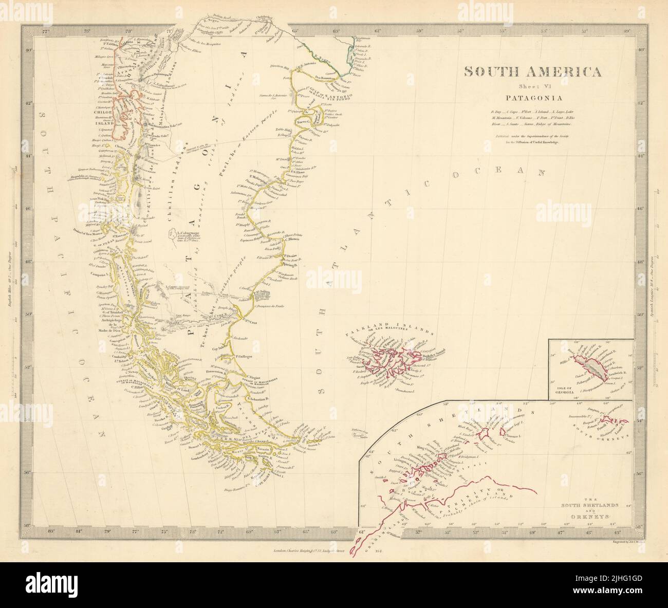 PATAGONIE. Argentine Chili Tierra del Fuego Falklands S Géorgie. Carte SDUK 1851 Banque D'Images