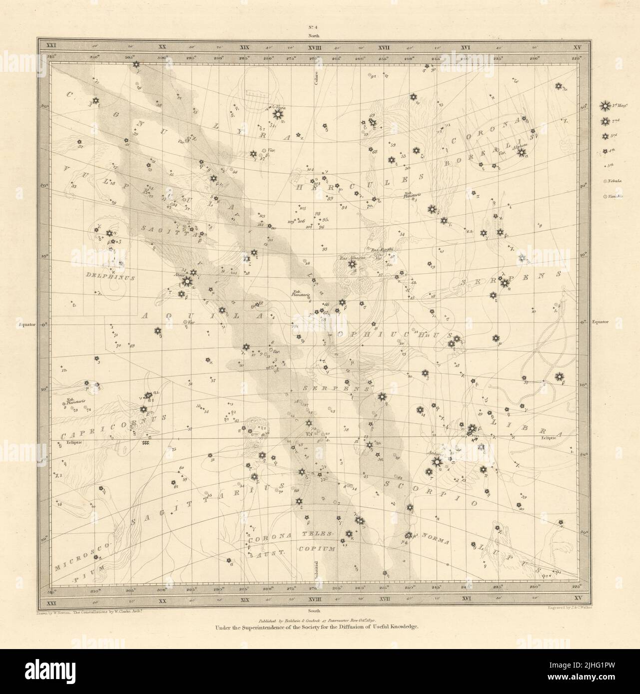 ASTRONOMIE CÉLESTE. Carte des étoiles. Graphique en étoiles. IV Solstice d'hiver. SDUK 1830 Banque D'Images