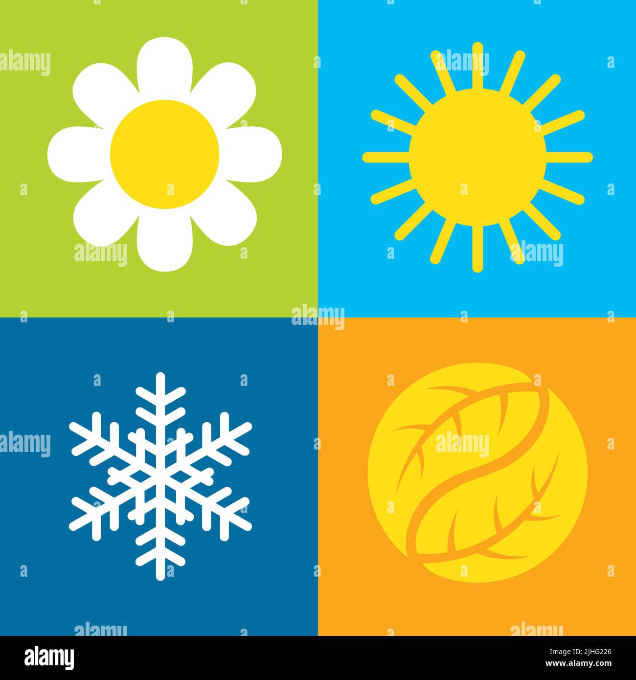 Symboles vectoriels de quatre saisons. Ensemble de quatre icônes vectorielles sur fond coloré représentant chacune des quatre saisons, printemps, été, automne, hiver. Illustration de Vecteur