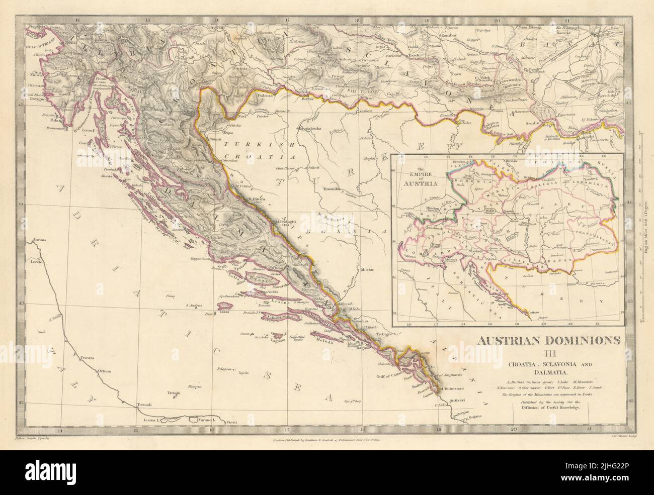 La Croatie. Dalmatie Slavonie Istrie l'Illyrie. Carte d'index empire Autrichien SDUK 1844 Banque D'Images