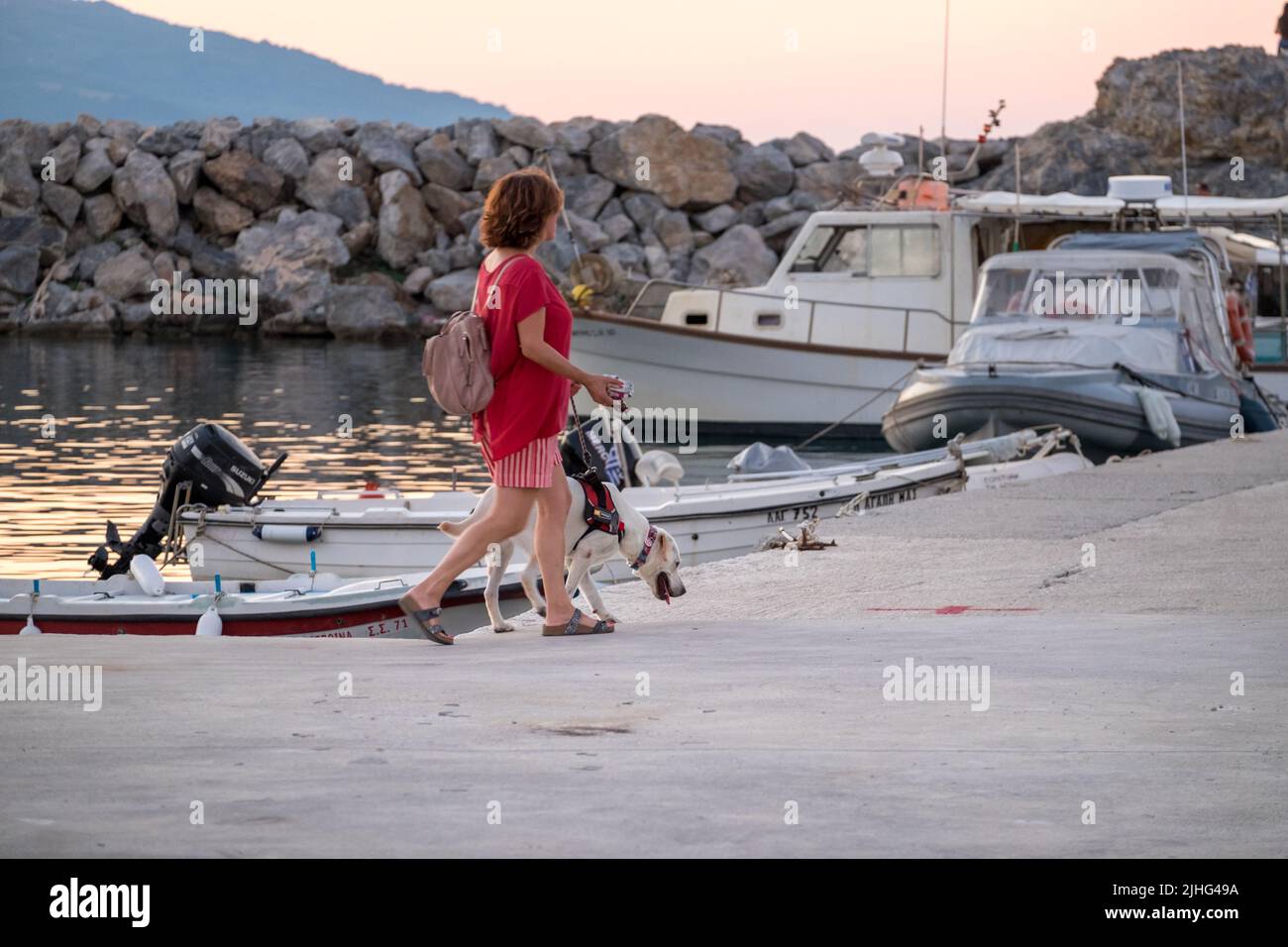 Femme marchant avec son chien dans le trottoir d'un port Banque D'Images