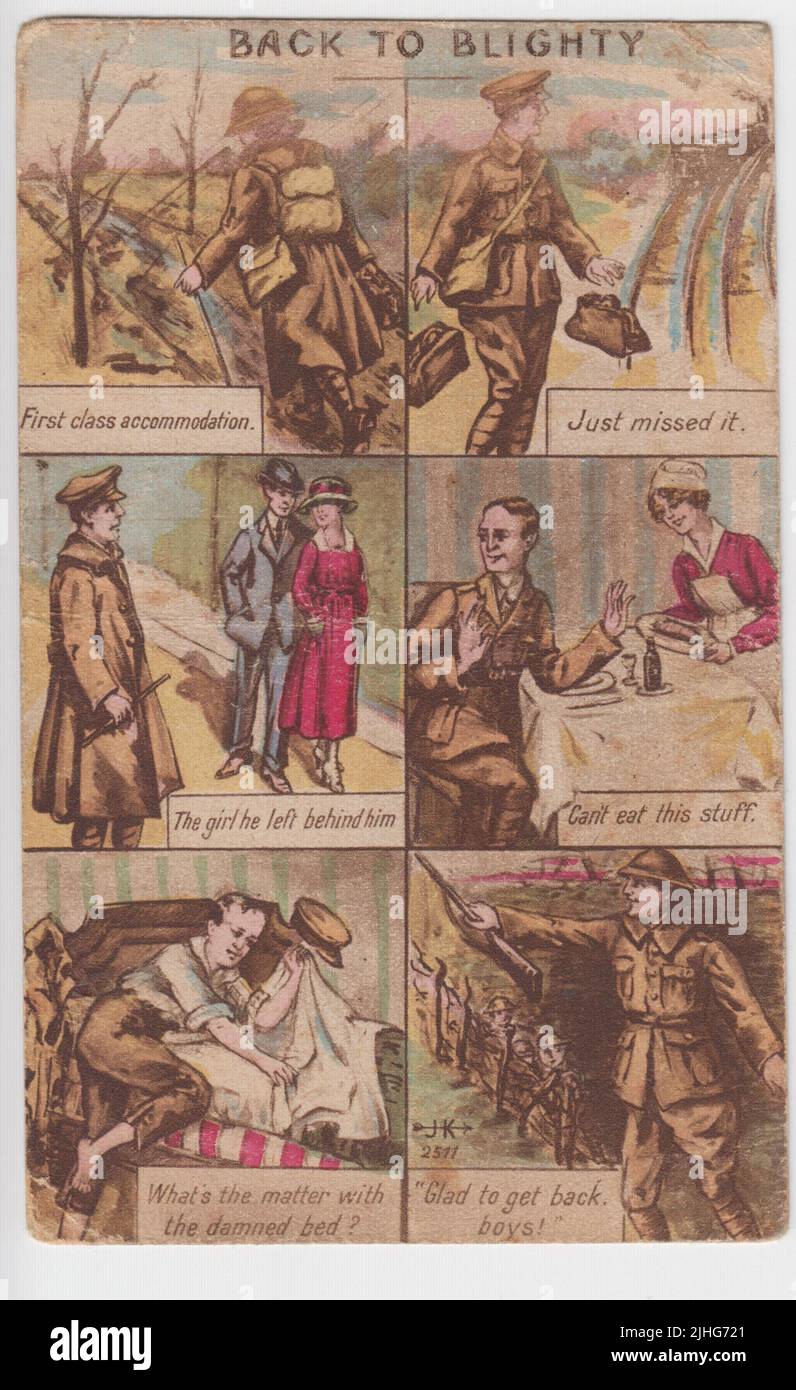 « Retour à Blouty » : série de 6 dessins animés montrant les expériences d'un soldat britannique de la première Guerre mondiale en congé et son déconnexion de la vie civile lorsqu'il rentre chez lui. Panel 1: 'Hébergement de première classe' (soldat marchant dans un paysage en éclats sur le front de l'Ouest). Panel 2: 'Juste manqué' (train en voie de disparition). Panel 3: 'La fille qu'il a laissée derrière' (fille avec amant civil). Panel 4: 'Ne peut pas manger cette substance' (incapable de manger de la nourriture). Panel 5: 'Quelle est la question avec le lit damné?' (mise en veille impossible). Panel 6: 'Heureux de revenir, les garçons!' (retour aux tranchées). La carte postale a été envoyée en 1918 Banque D'Images
