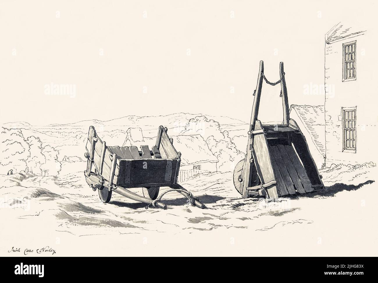 Etude de deux chariots dans un paysage irlandais par Cornelius Varley, (1781-1873), un peintre anglais de couleur de l'eau et fabricant d'instruments optiques. Il a inventé le télescope graphique et le microscope graphique. Banque D'Images