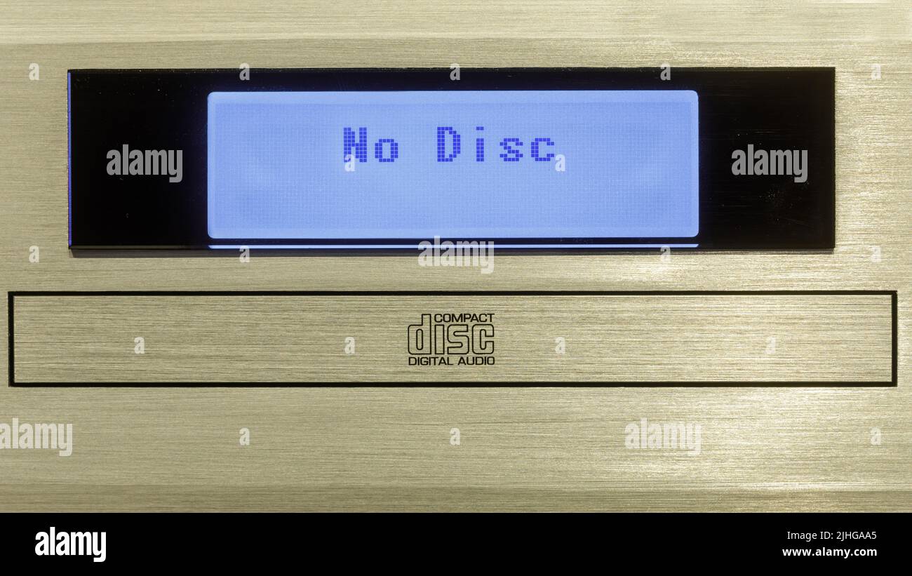 Plateau du lecteur de disque compact et écran LCD affichant aucun disque Banque D'Images