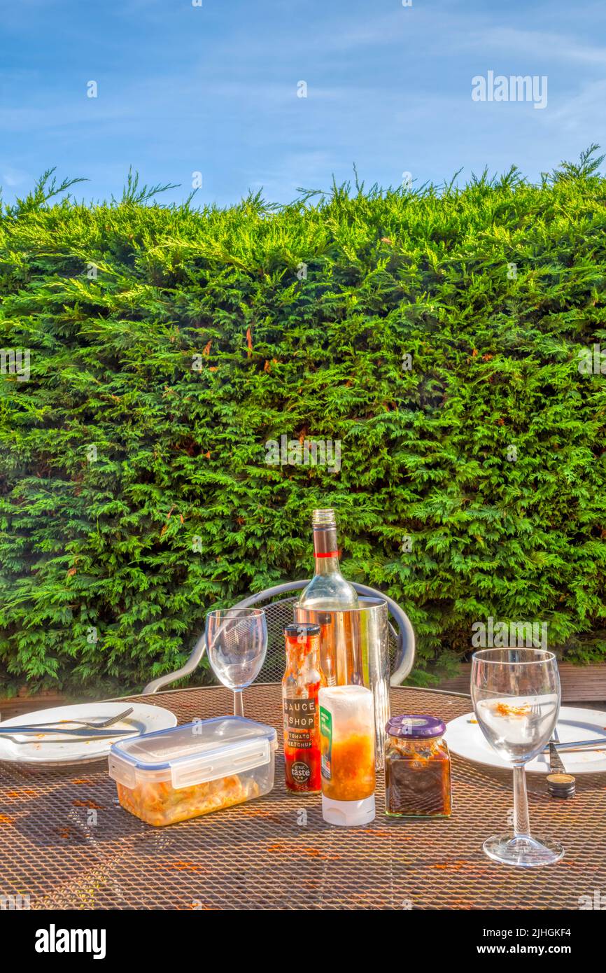 Reste d'un déjeuner d'été dans le jardin. Banque D'Images