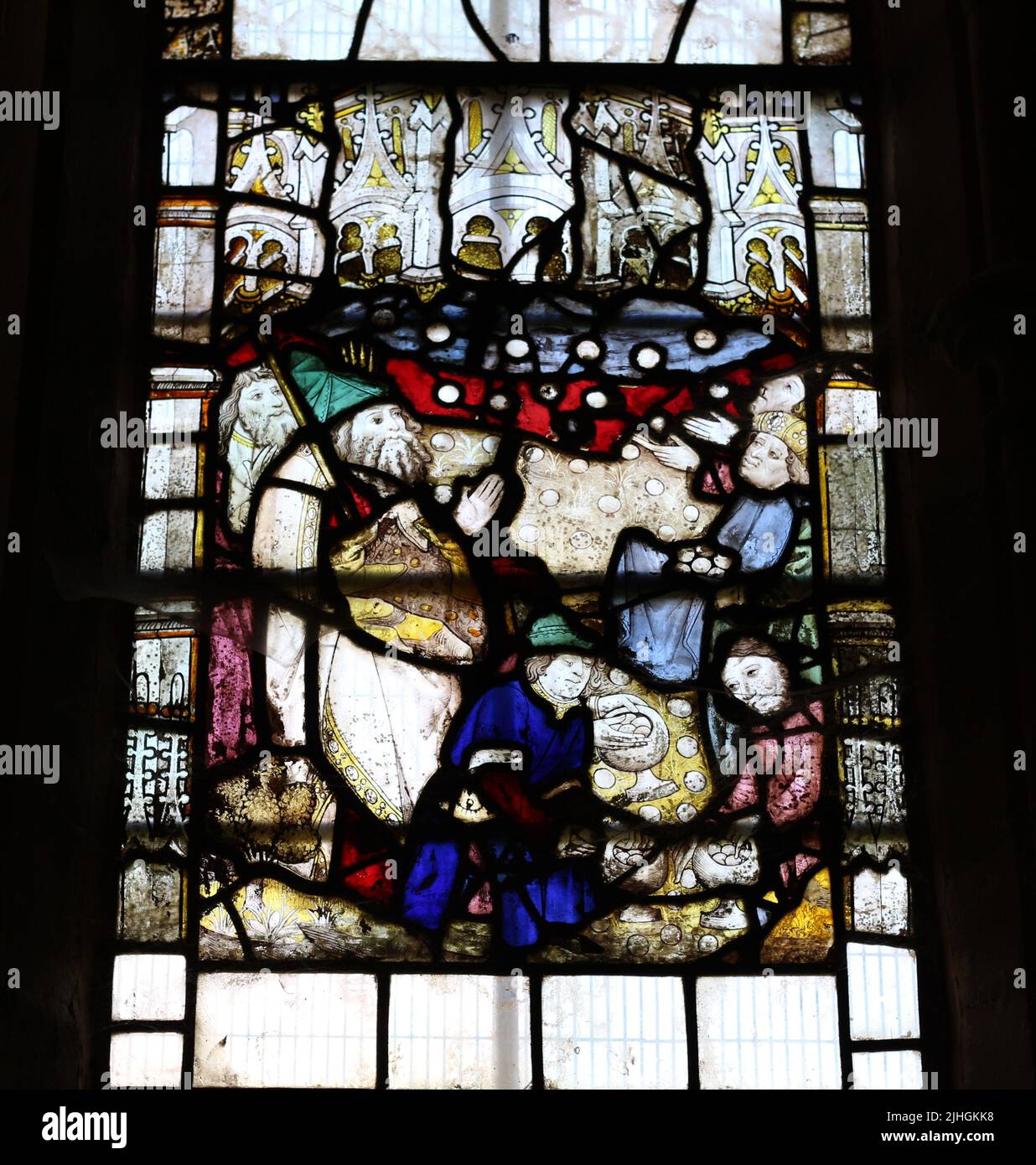 Vitraux anciens au Grand Prieuré de Malvern, Malvern, Worcestershire - verre du 15th siècle Banque D'Images