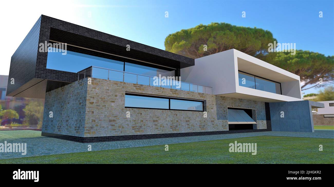 Luxueuse maison high-tech avec un toit plat et une terrasse spacieuse. Décoration murale - ancienne ardoise rouge et brique noire. Couronne de feuilles de baobab. Banque D'Images