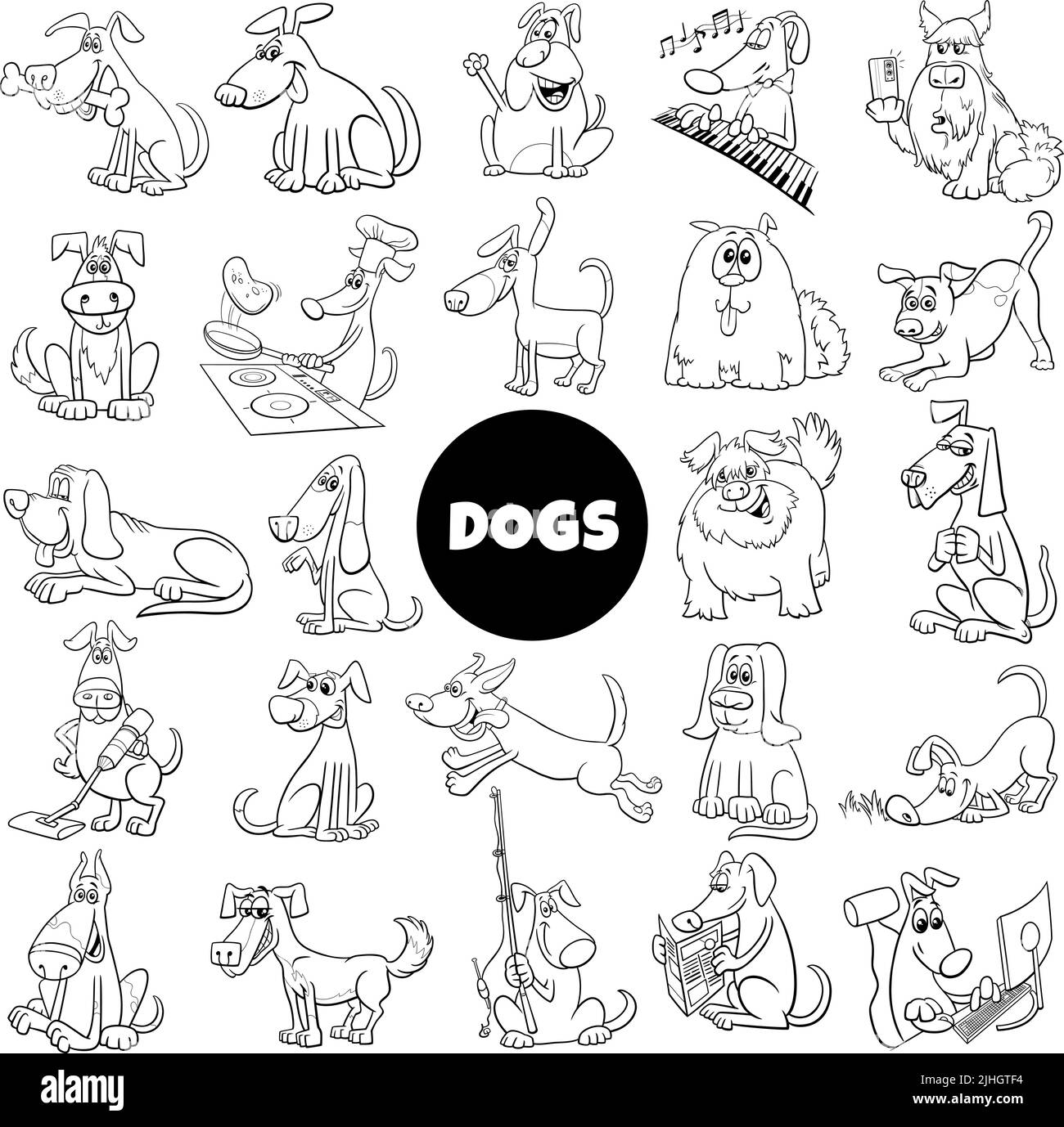 Dessin animé noir et blanc illustration de chiens et chiots animaux de compagnie personnages ensemble de coloriage page Illustration de Vecteur