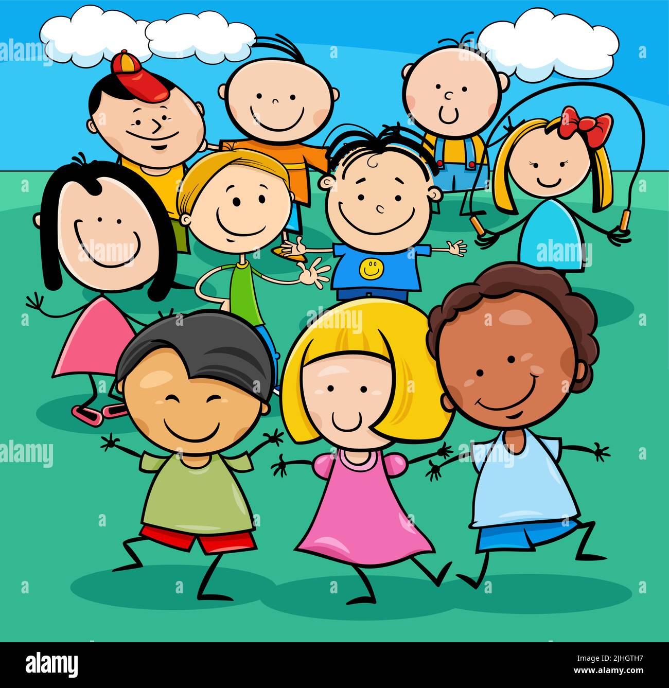 Illustration d'un groupe de personnages heureux d'enfants d'âge préscolaire ou élémentaire Illustration de Vecteur