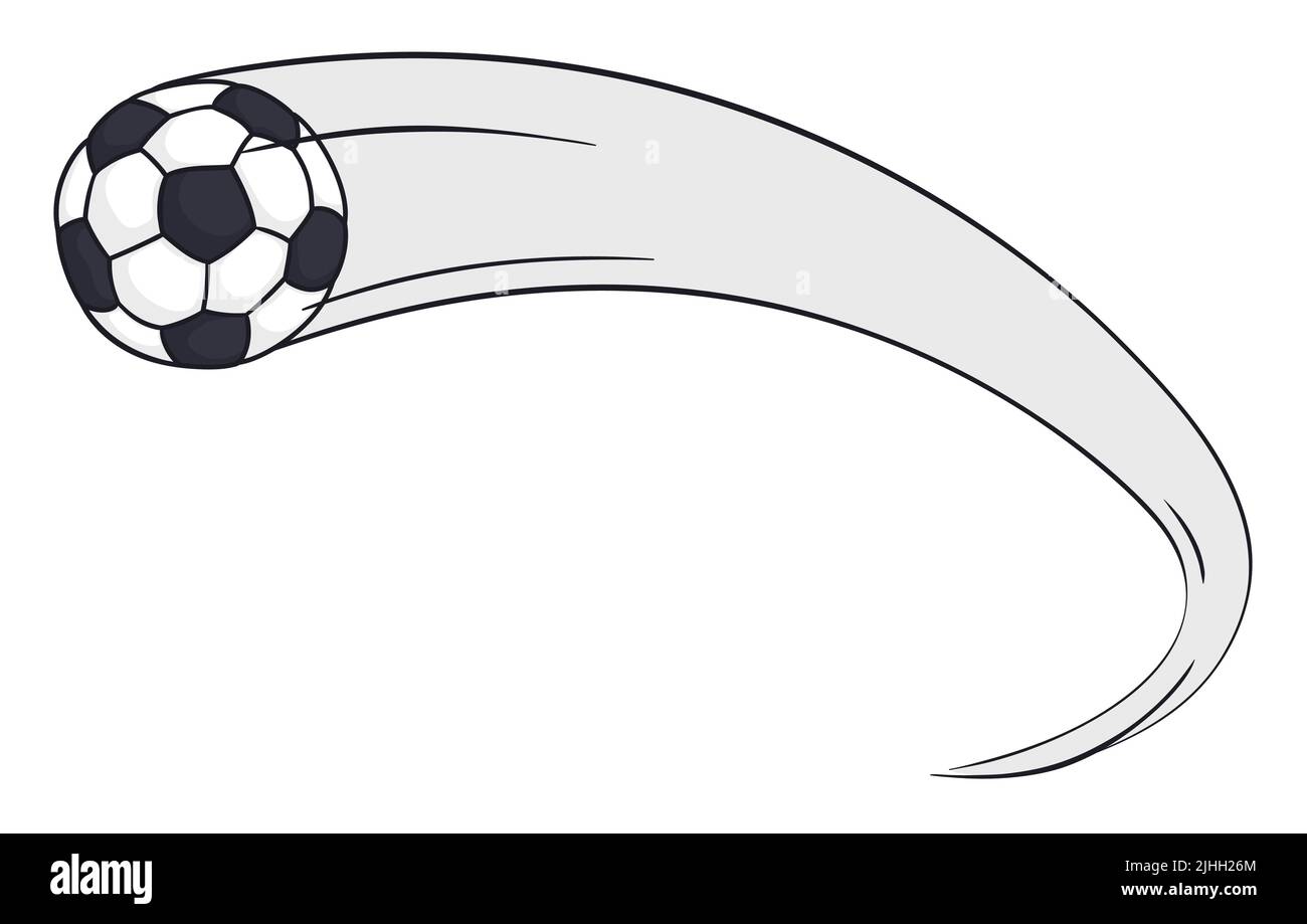 Vue d'une passe courbe d'une balle de football lancée à grande vitesse. Conception isolée dans un style de dessin animé. Illustration de Vecteur