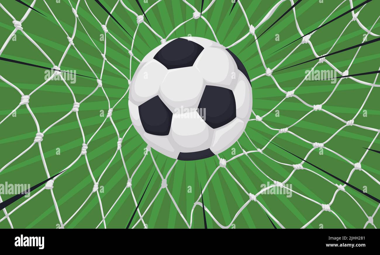 Première vue en avion d'une balle de football entrant dans un filet, marquant un but. Design de style dessin animé. Illustration de Vecteur