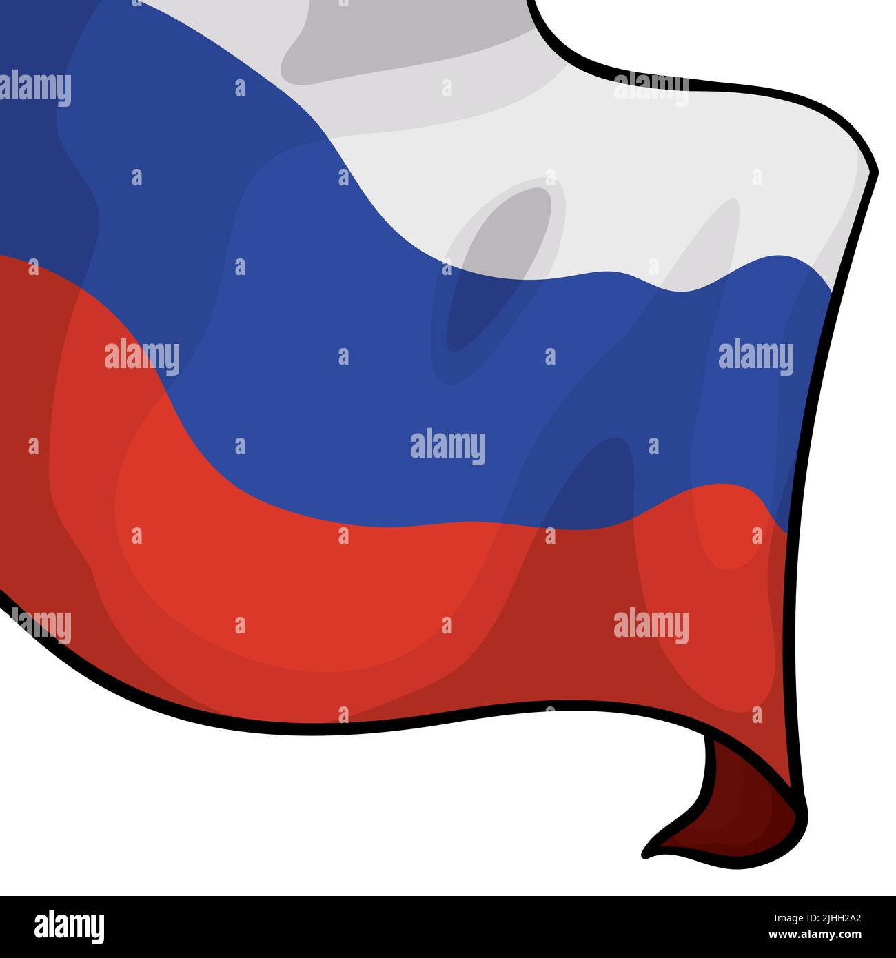 Vue rapprochée de patriotique et de drapeau russe venant du coin supérieur gauche. Design de style dessin animé, isolé sur fond blanc. Illustration de Vecteur