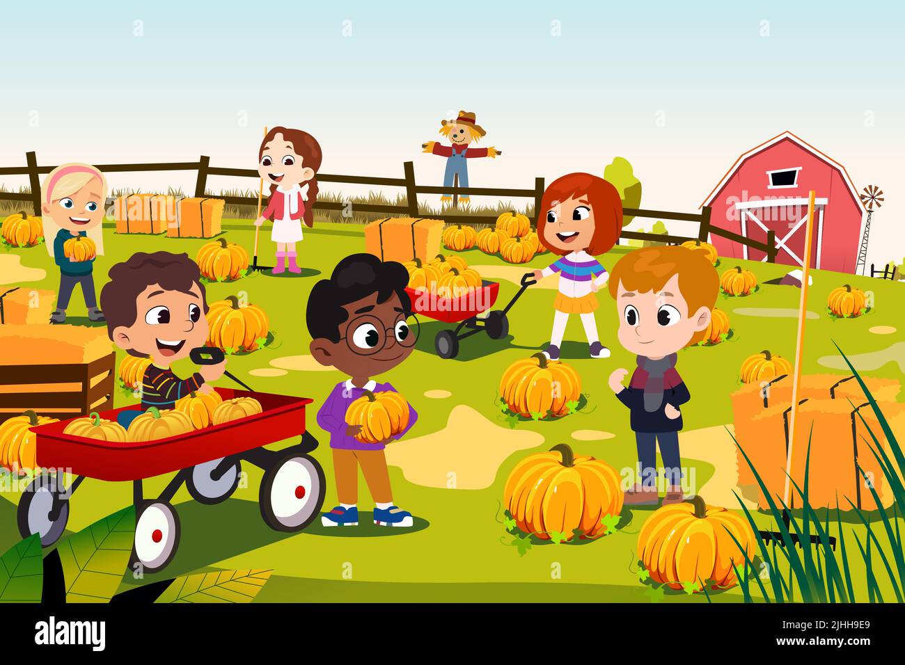 Illustration vectorielle de l'œuvre multi-ethnique Children Doing Pumpkin Patch Illustration de Vecteur