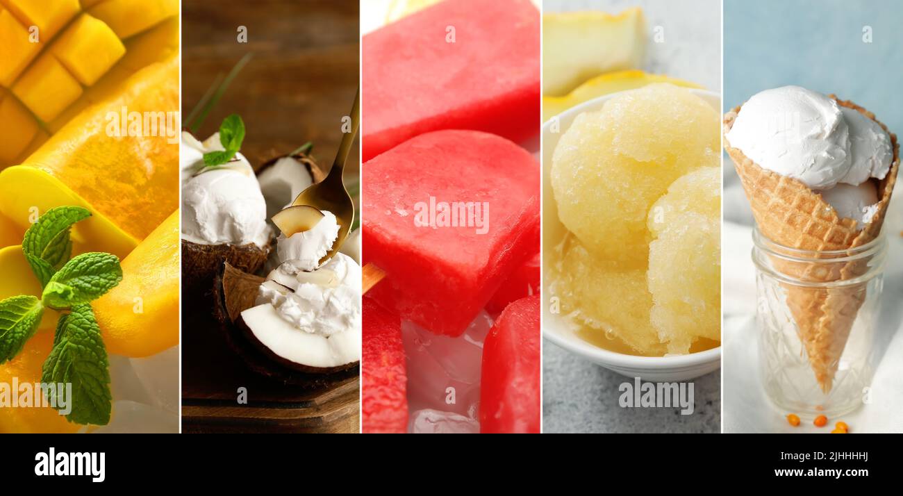 Collage avec différentes crèmes glacées sucrées Banque D'Images