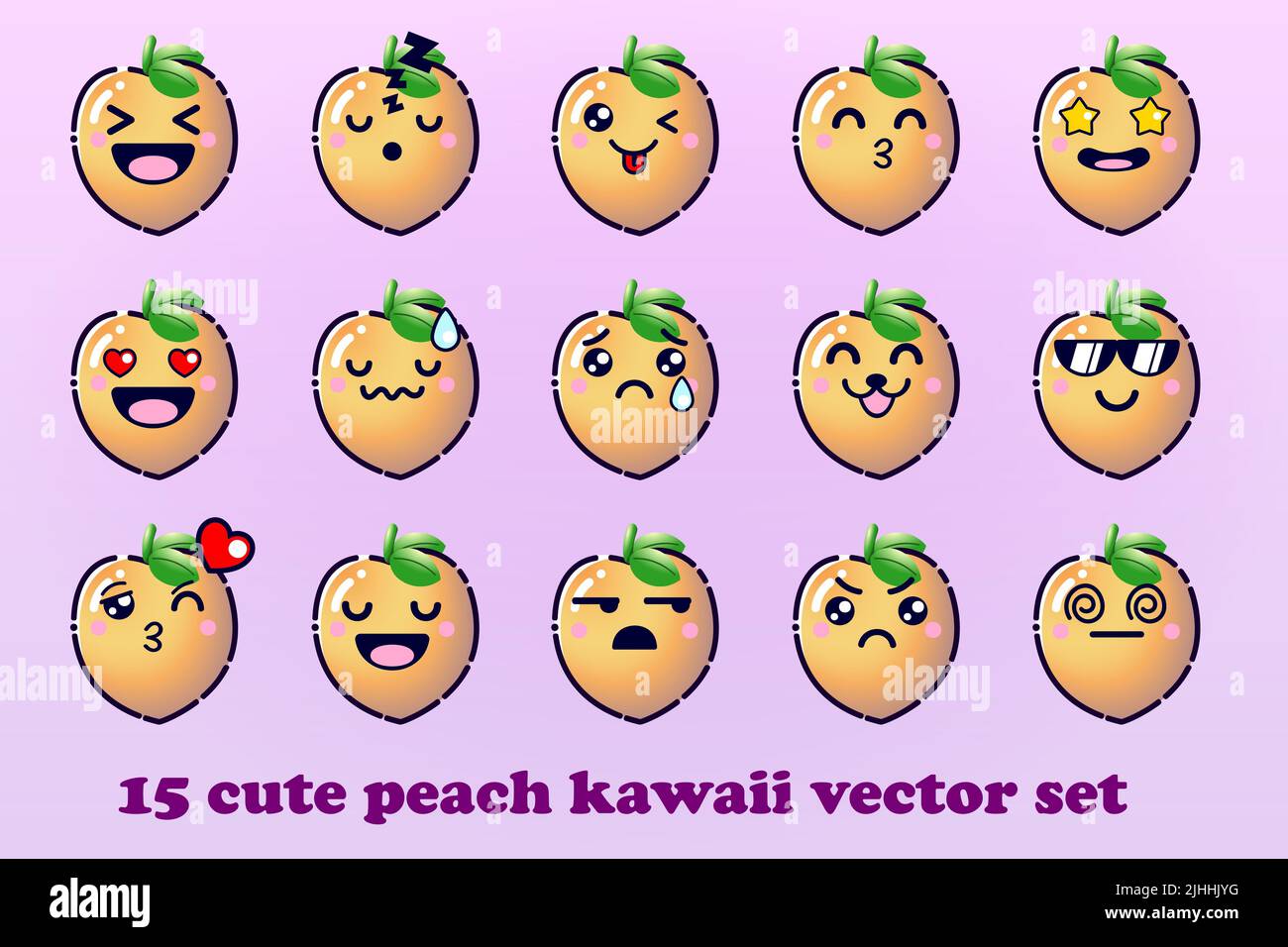 Joli dessin animé Peaches fruit avec kawaii faces et Chibi style Emoticon ensemble vectoriel Illustration de Vecteur