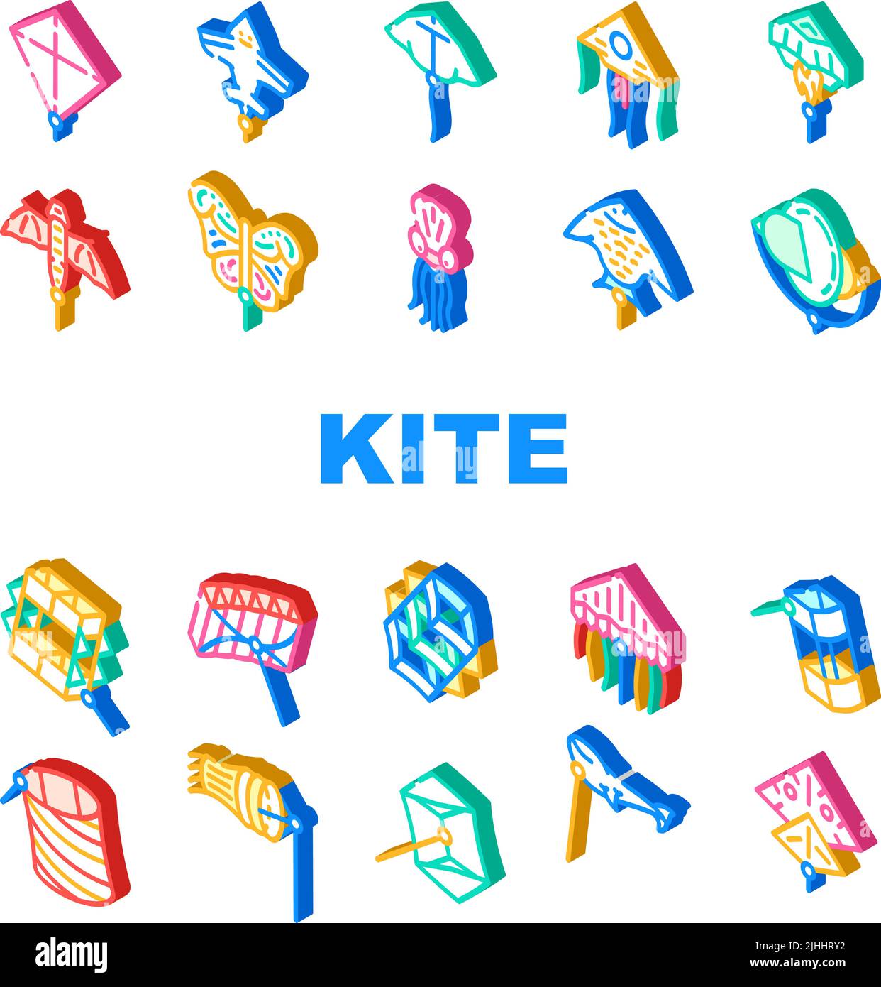 Volant Kite enfants drôle jouet icônes Set Vector Illustration de Vecteur