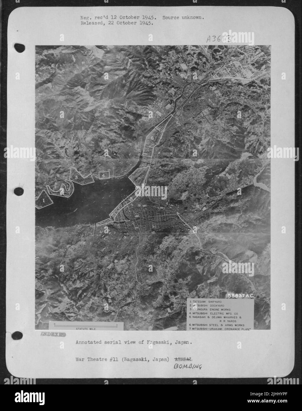 Vue aérienne annotée de Nagasaki, Japon. Banque D'Images