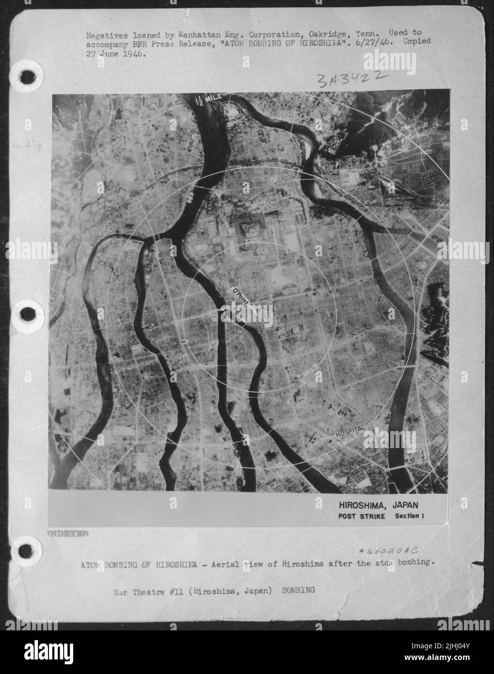 Bombe atomique d'Hiroshima. Vue aérienne d'Hiroshima après le bombardement d'Atom. Banque D'Images