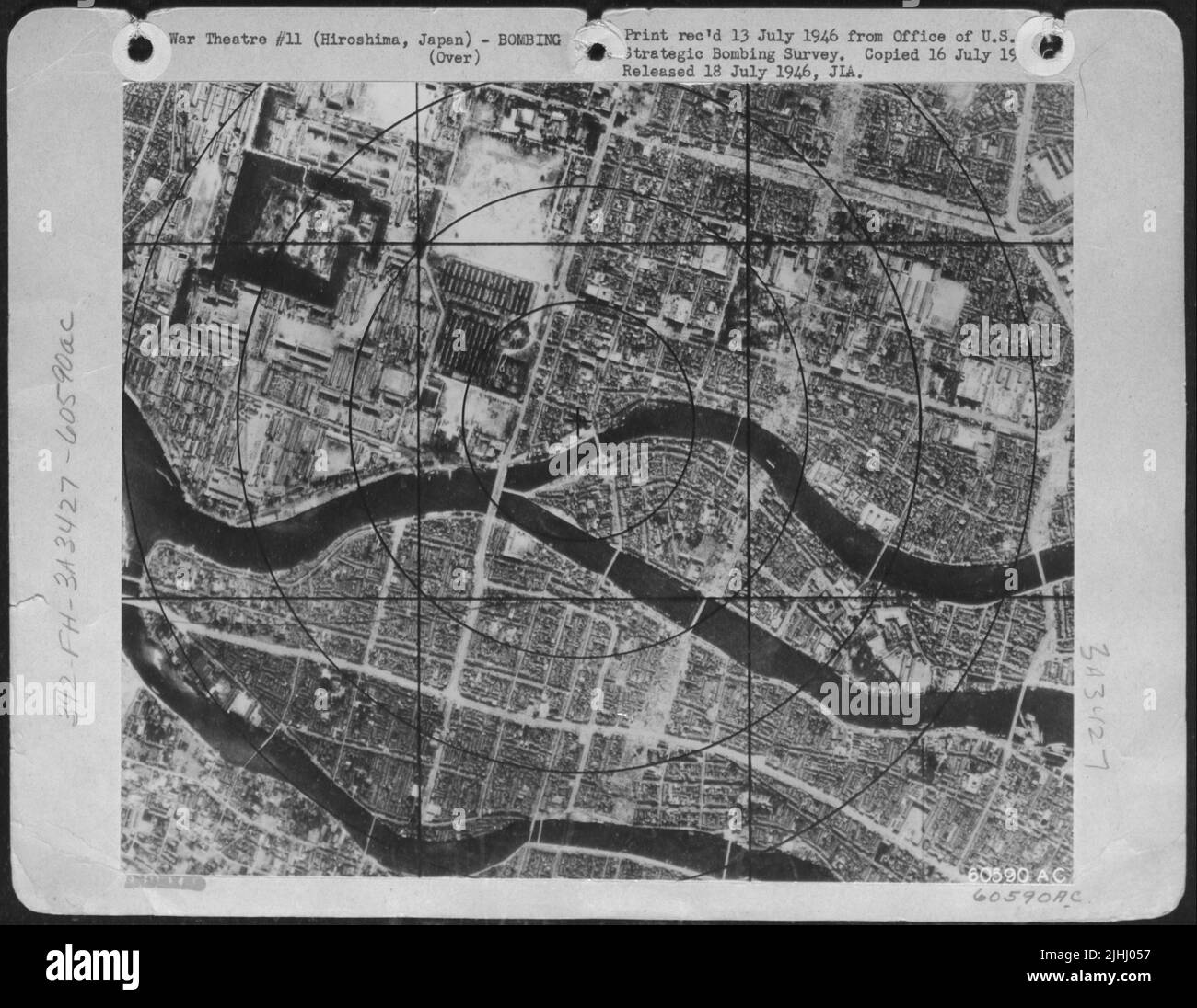 Ground Zero avant le bombardement atomique d’Hiroshima, au Japon. 1 000 pi Cercles. Banque D'Images