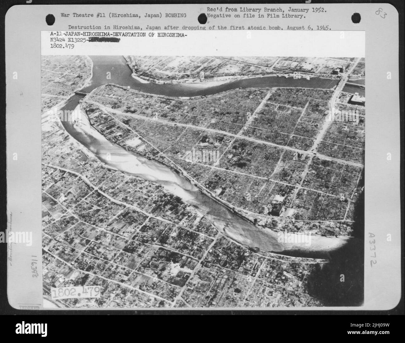 Destruction à Hiroshima, au Japon, après la chute de la première bombe atomique, 6 août 1945. Banque D'Images