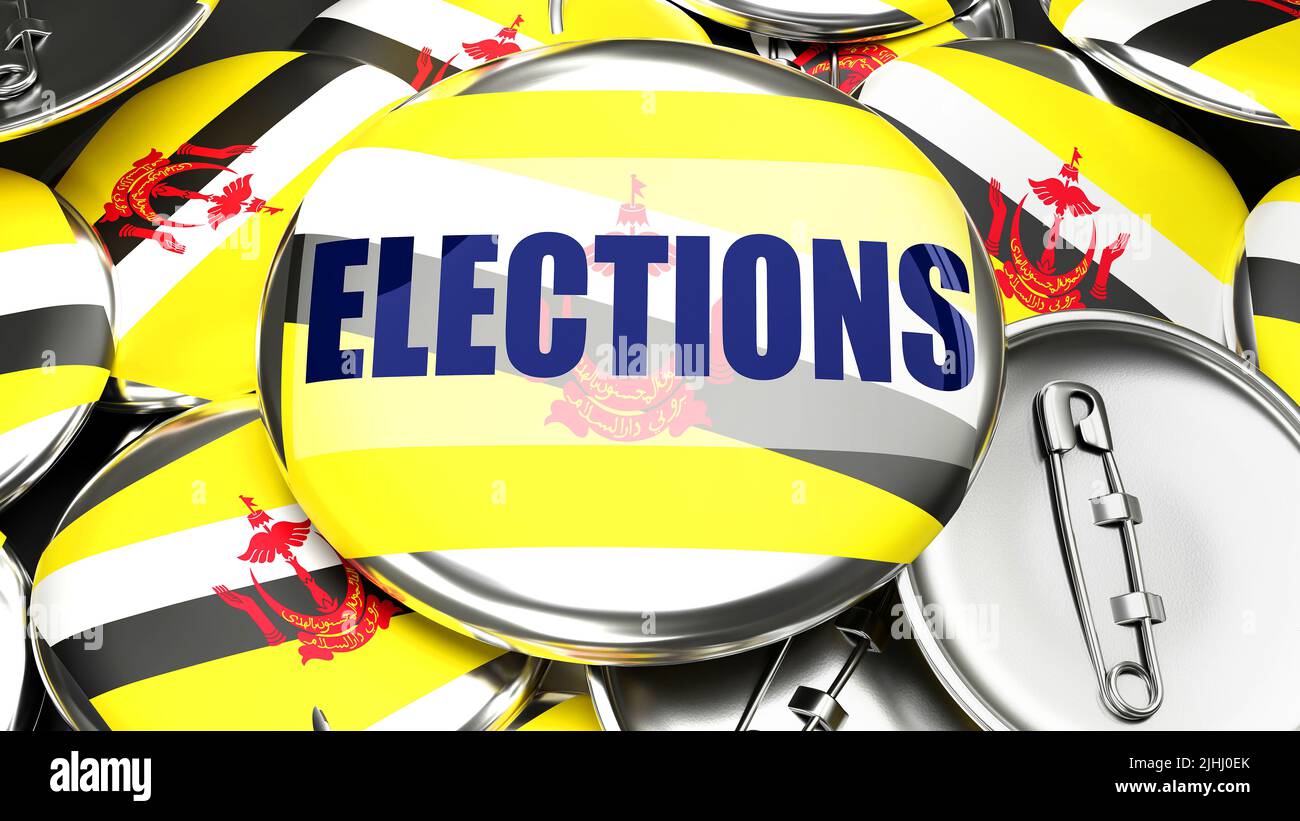 Brunéi Darussalam et élections - des dizaines de boutons de pinback avec un drapeau de Brunéi Darussalam et un mot élections. 3D rendu symbolisant l'Elec à venir Banque D'Images