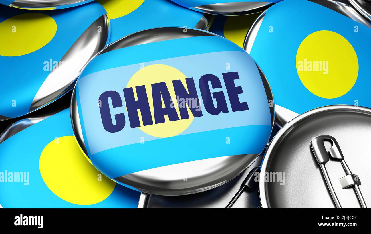 Changement aux Palaos - drapeau national des Palaos sur des dizaines de boutons de pinback symbolisant le changement à venir dans ce pays. ,3d illustration Banque D'Images