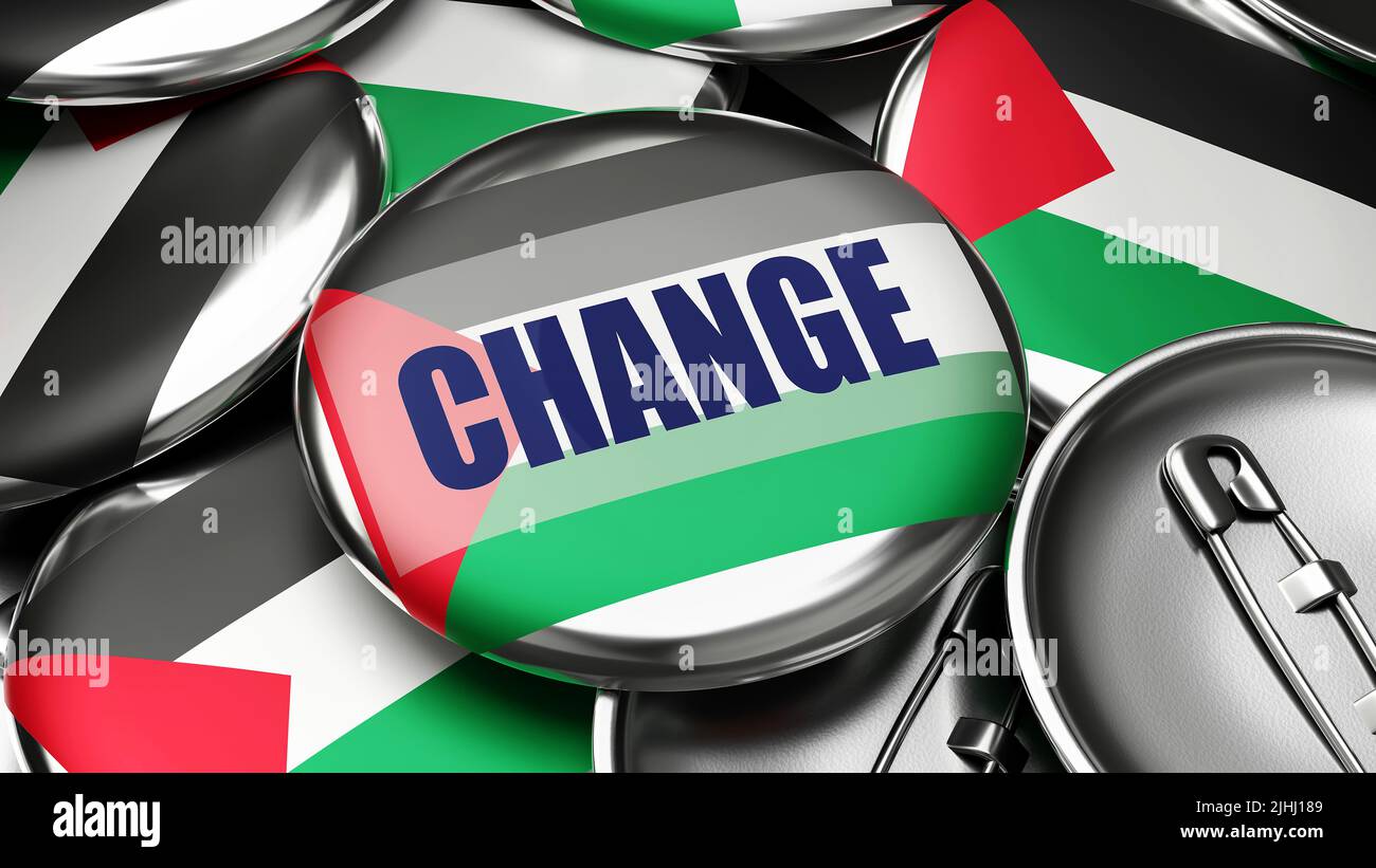 Changement en Palestine Etat de - drapeau national de l'État de Palestine sur des dizaines de boutons de pinback symbolisant le changement à venir dans ce pays. ,3d illus Banque D'Images