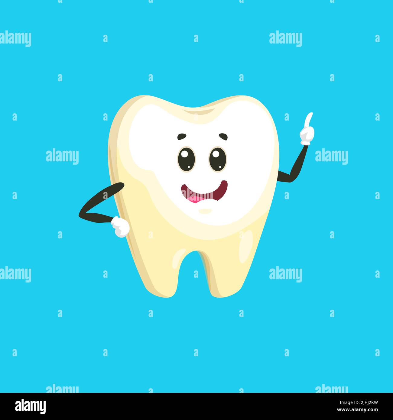 Personnage de dessin animé émoticône pointant doigt isolé de la clinique dentaire comique mascotte. Emblème de la dentisterie vectorielle, hygiène bucco-dentaire et soins dentaires, publicité dentifrice. Blanchiment et extraction des dents Illustration de Vecteur