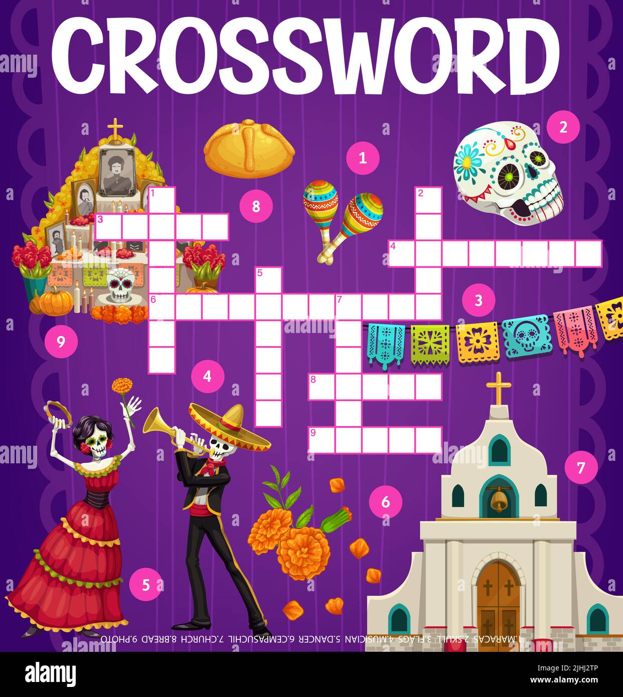 Dia de los Muertos mexican Holiday Crossword grid. Trouvez un jeu de mots quiz scénario de la feuille de travail de jour de la mort sucre crâne, maracas et squelettes de musicien et danseur, papel picado drapeaux et église Illustration de Vecteur