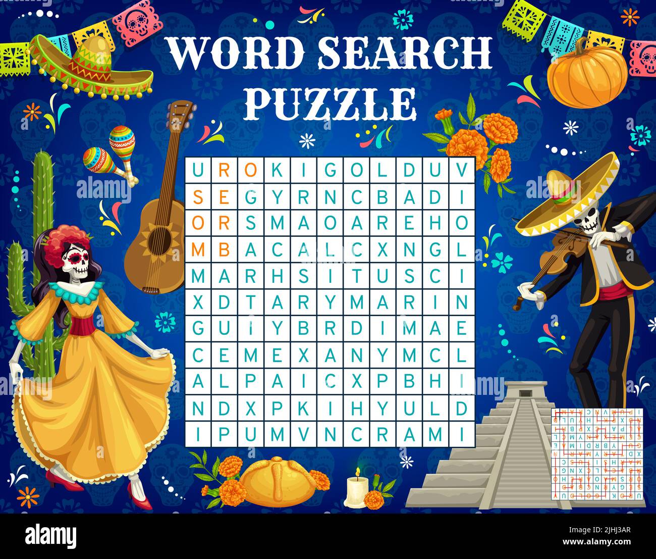Mexican Dia de Los Muertos Day of Dead jeu de réflexion de recherche de mots de vacances, grille de quiz pour enfants. Vector sombrero, marigold, maracas, guitare, cactus, pain, violon, mariachi, bougie, citrouille, pyramide Illustration de Vecteur