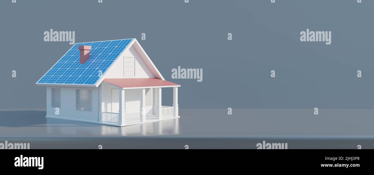 Maison écologique avec panneau solaire sur le toit. Sun l'énergie propre, verte, durable, renouvelable. Espace de copie, bannière. Modèle de publicité. 3d rendu Banque D'Images
