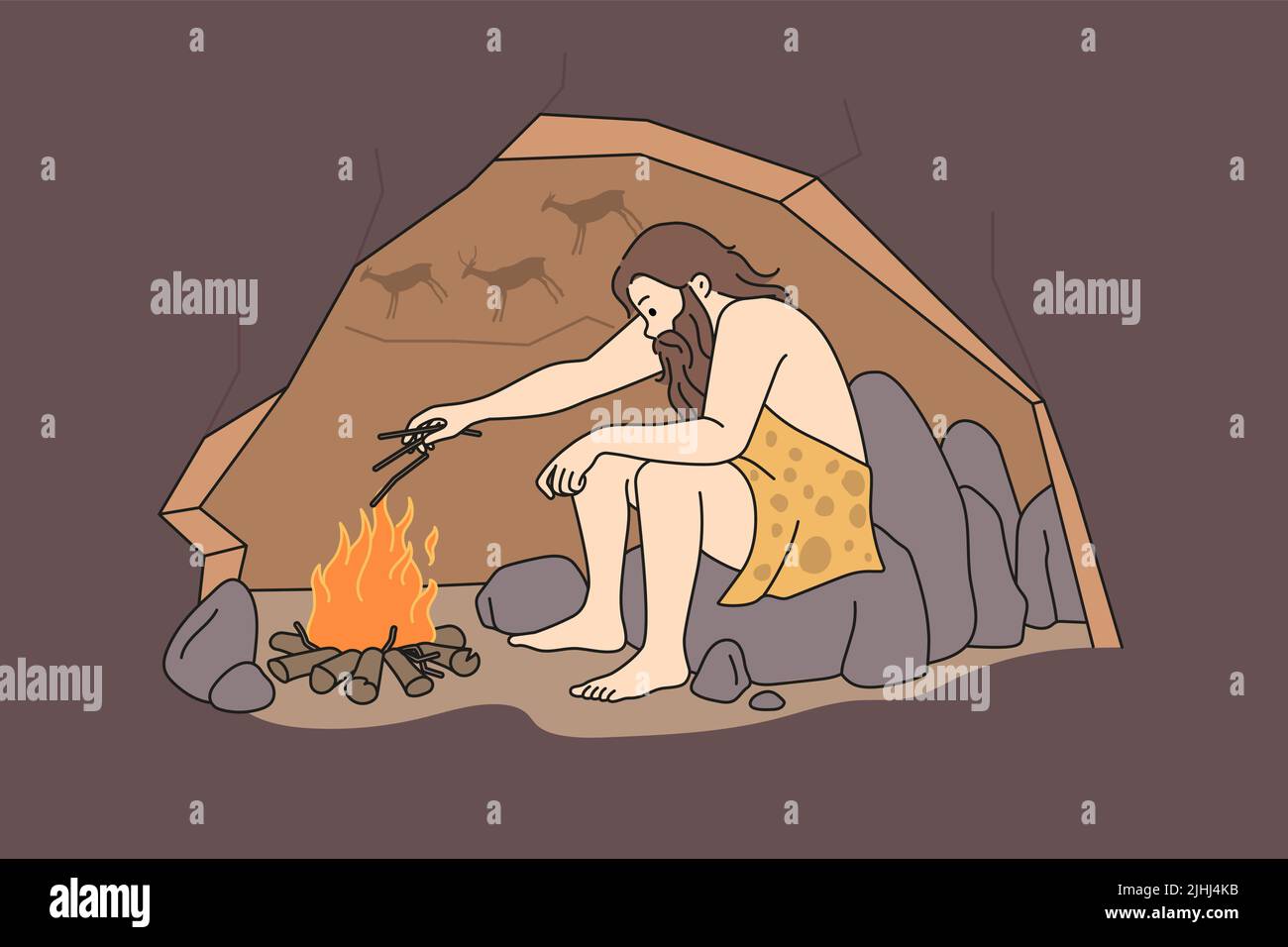 Caveman assis dans une grotte près du feu de joie. Homme préhistorique faisant feu pendant les âges anciens. Illustration vectorielle. Illustration de Vecteur