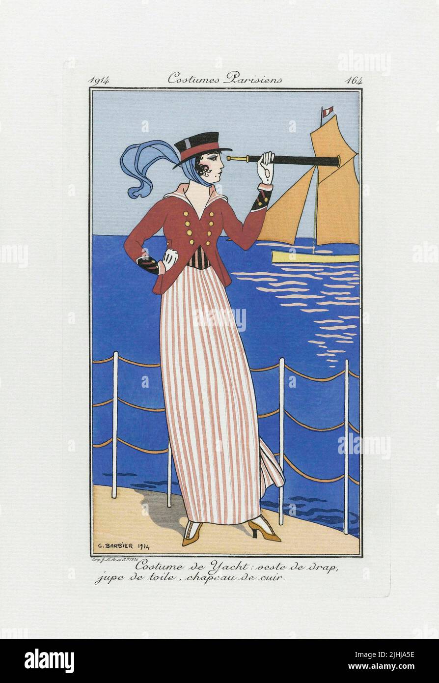 Costume de yacht : veste de drap, jupe de toile, chapeau de cuir - costume de bateau : veste en tissu, jupe en lin, chapeau en cuir. Imprimé du magazine de haute couture Journal des Dames et des modes, publié de 1 juin 1912 à 1 août 1914. Après une œuvre de l'illustrateur français George Barbier, 1882 - 1932. Banque D'Images