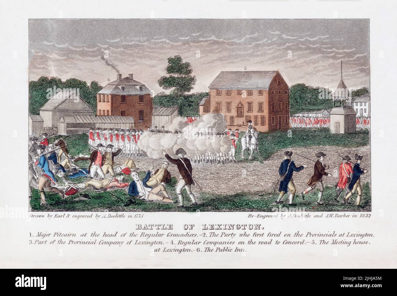 La bataille de Lexington, 19 avril 1775. Une bataille à Lexington et plus tard le même jour à Concord, Massachusetts, a déclenché le début de la guerre d'indépendance américaine. Après une œuvre dessinée par Earl et gravée par A. Doolittle en 1775, puis ré-gravée par A. Doolittle et J.W. Salon de coiffure en 1832. Banque D'Images