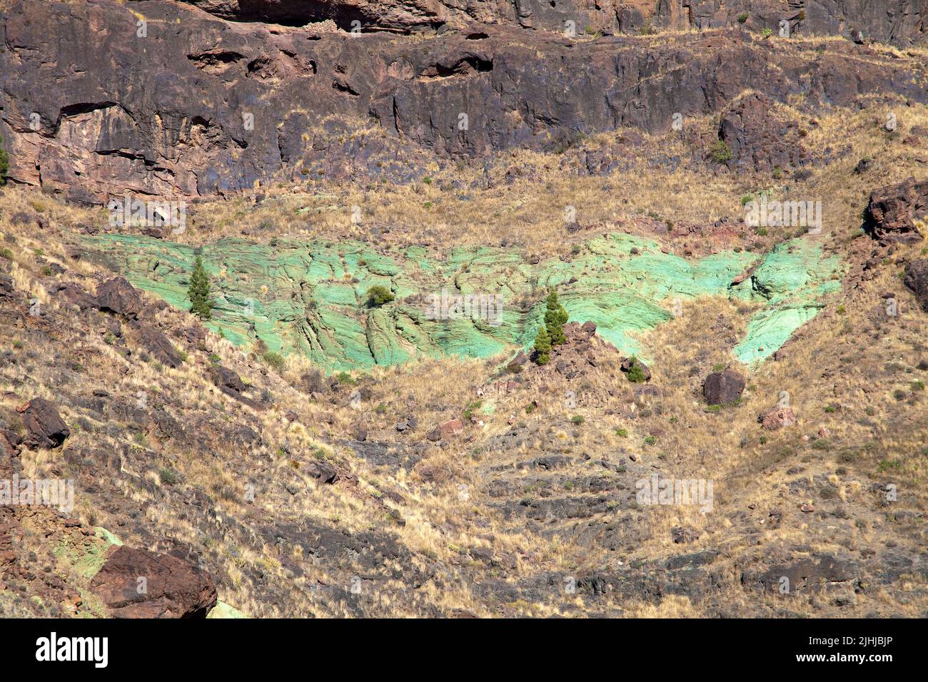Turqouise couche verte d'hydrate de fer, dépôts dans la roche, Azulejos, Grand canari, îles Canaries, Espagne, Europe Banque D'Images