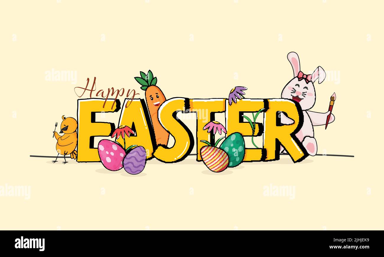 Happy Easter font avec dessin-dessin lapin, carotte, poussin, oeufs et fleurs en pâquerette décoré de jaune pastel. Illustration de Vecteur