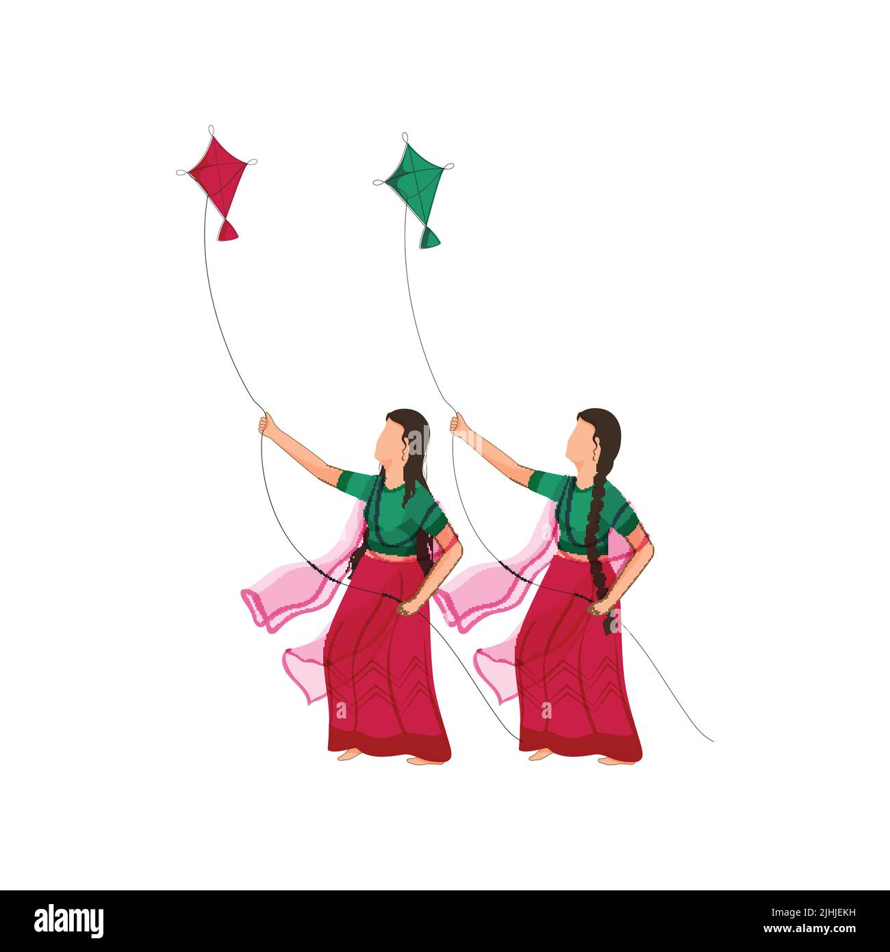 Caricature indienne jeunes filles Flying Kites sur fond blanc. Illustration de Vecteur