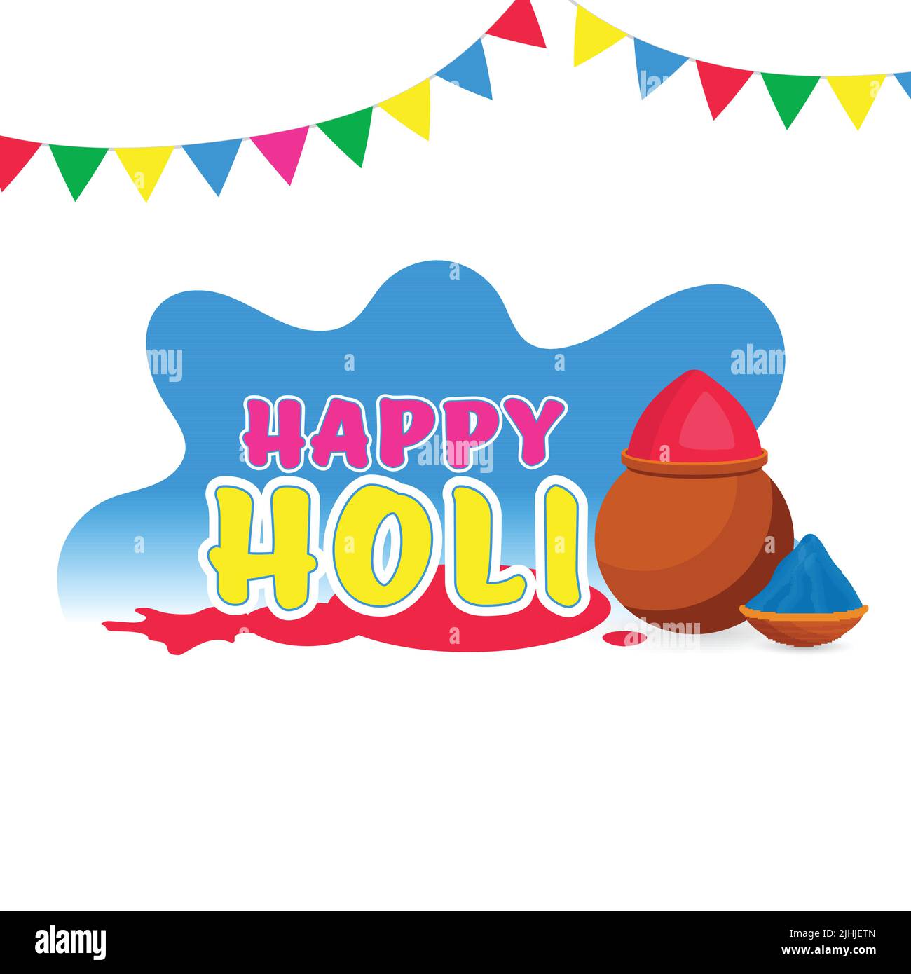Happy Holi font avec Mud Pot, bol plein de poudre (Gulal), effet Splash de couleur et drapeaux de banderole sur fond blanc. Illustration de Vecteur