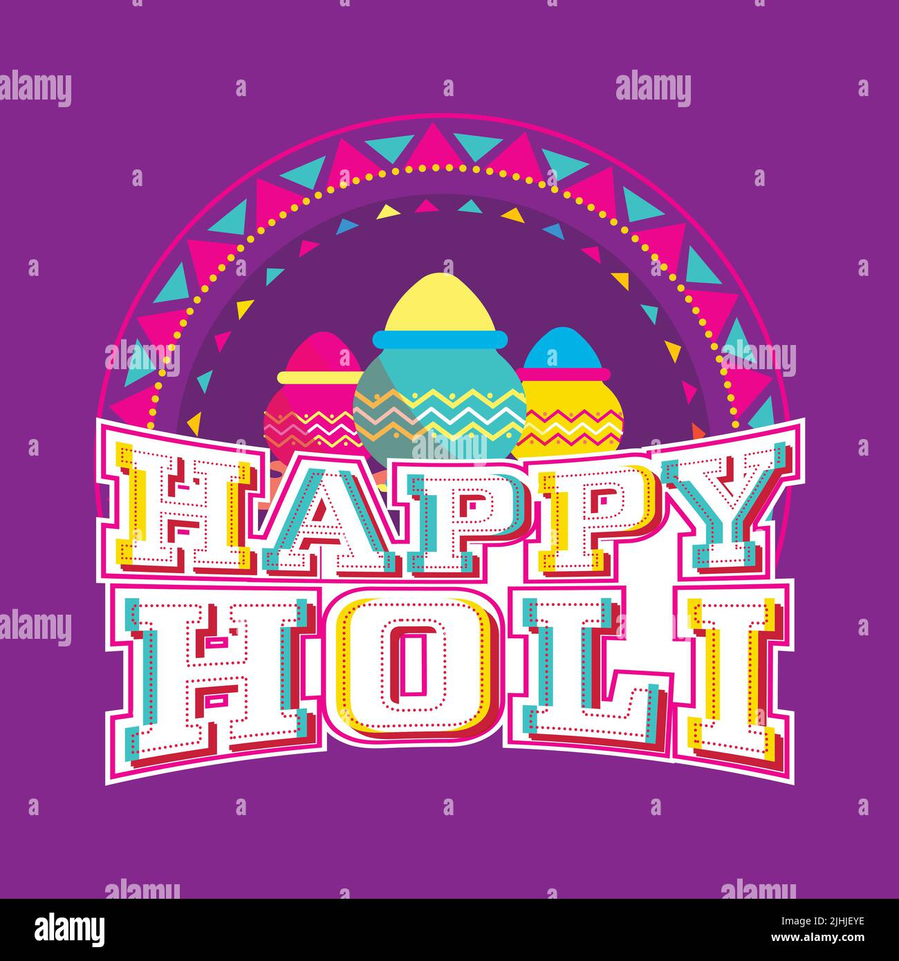 Style autocollant Happy Holi police avec marmites plein de couleur sèche (Gulal) sur fond violet. Illustration de Vecteur