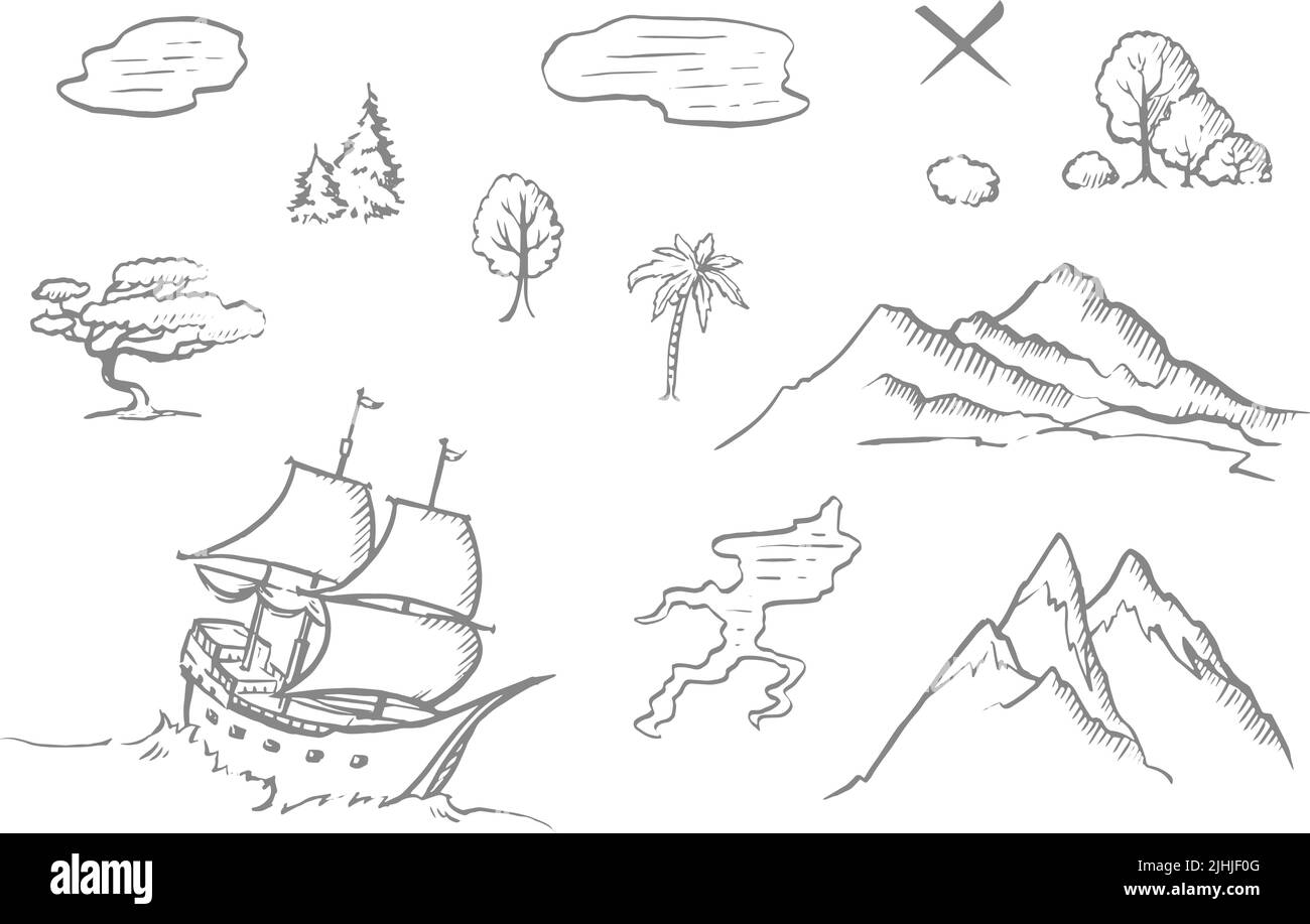 Éléments graphiques pour la conception de cartes de Trésor, le dessin au trait, le navire, les montagnes, l'illustration vectorielle Illustration de Vecteur