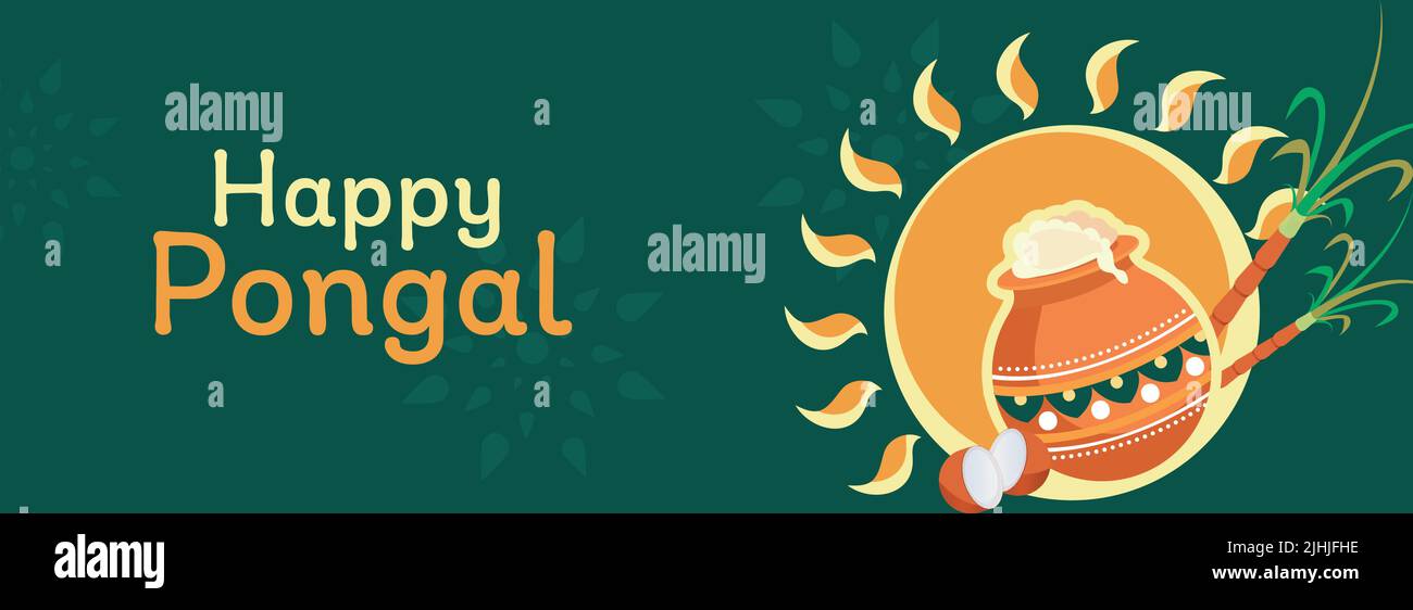 Banderole ou affiche supérieure Pongal heureuse avec riz traditionnel (riz Pongal) dans Mud Pot, Sugarcanes et Sun God sur fond vert. Illustration de Vecteur