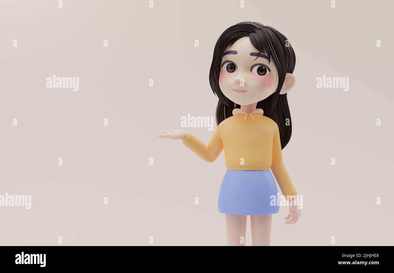 Petite fille a étendu sa paume avec le style de dessin animé, 3D rendu. Dessin numérique informatique. Banque D'Images