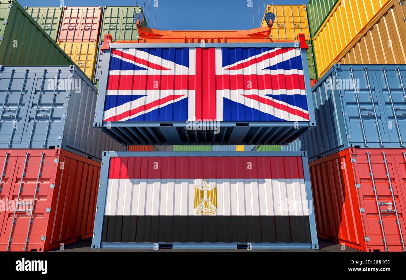 Conteneurs de marchandises avec drapeaux nationaux du Royaume-Uni et de l'Égypte. 3D rendu Banque D'Images